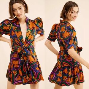 Farm Rio Short-Sleeve Bow-Front Heart Mini Dress